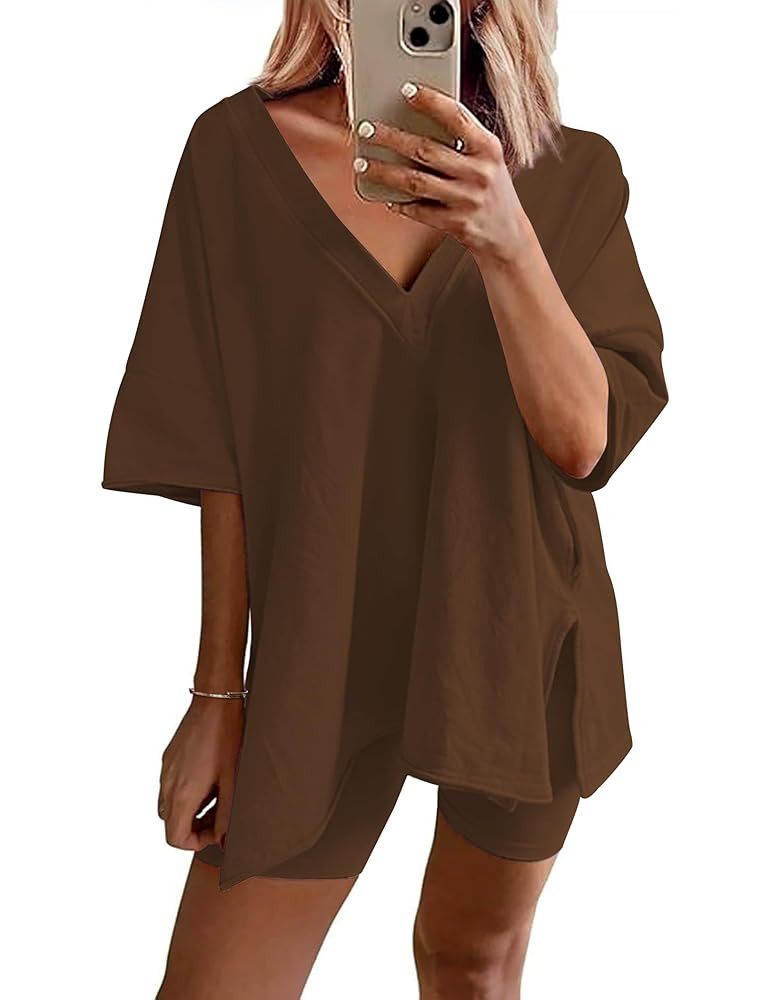 Ekouaer Womens Pajamas 2 Piece Lounge Sets Oversized V Neck T-Shirts Tops Biker Shorts Set Workou... | Amazon (US)