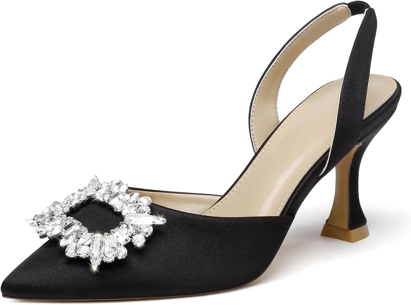 Susanny Women's Black Heels Wedding Shoes,Slingback Pointed Toe Rhinestones Suede High Heel Sanda... | Amazon (US)
