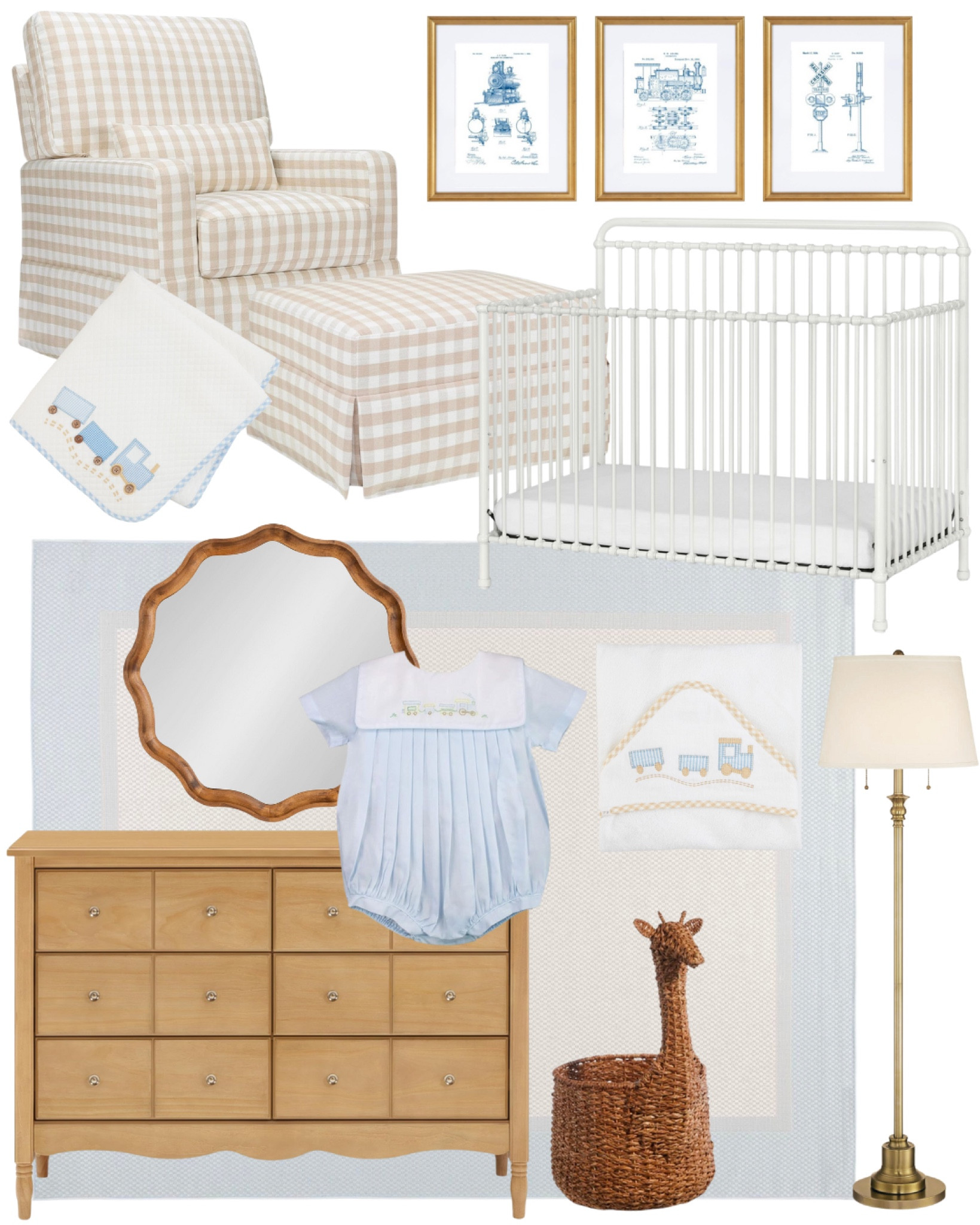 Train-themed nursery, nursery dress, nursery chair, gingham chair, nursery glider, embroidered train, brass floor lamp, white metal crib, gold frames, wavy mirror, scalloped mirror, light blue rug, washable rug

#LTKkids #LTKbaby #LTKhome