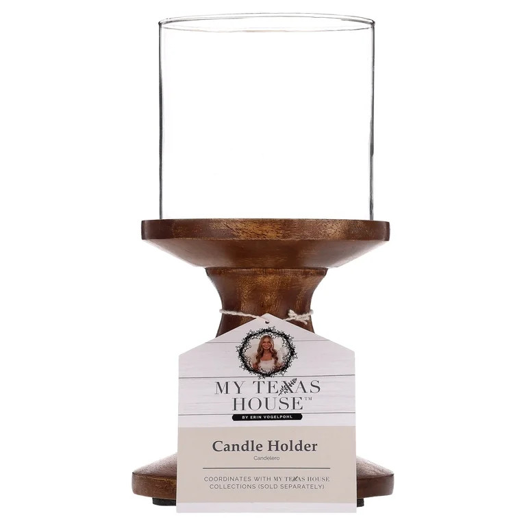 My Texas House Small Wood and Glass Hurricane Candle Holder, Brown, 9" | Walmart (US)