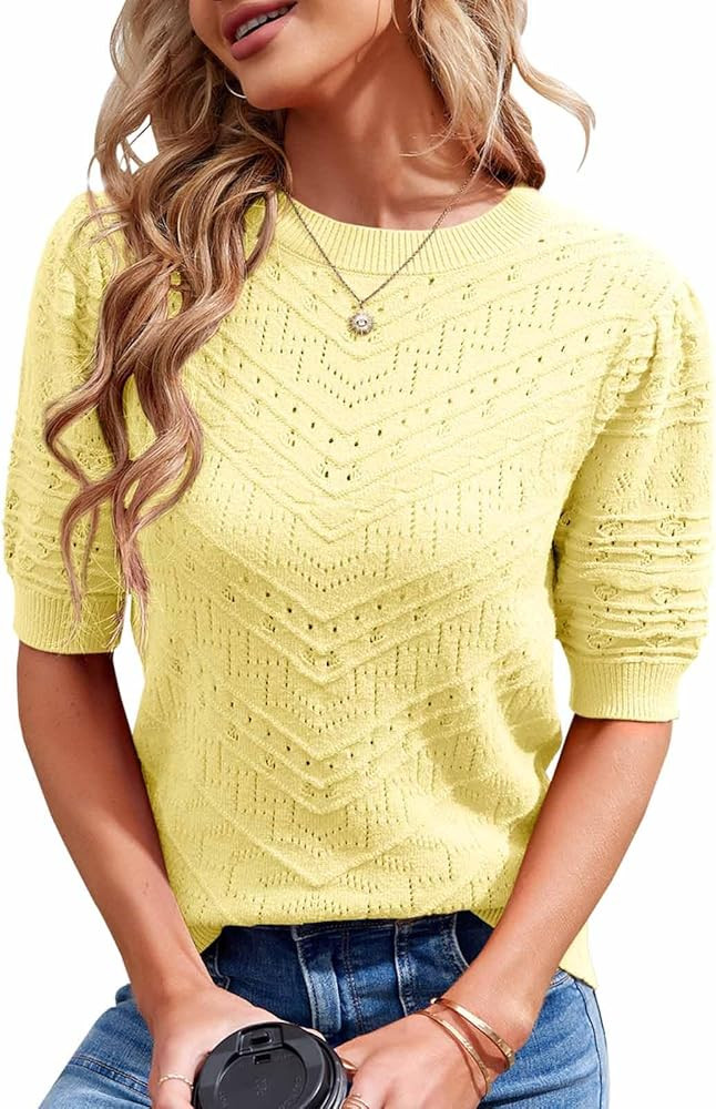 Summer Tops for Women Short Sleeves Pullover Sweaters Knit Blouse Cute Dot Sweater Shirt | Amazon (US)