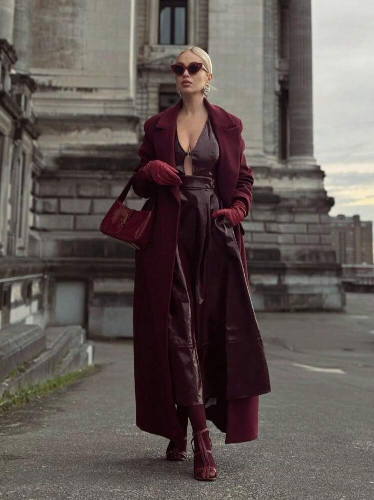 SHEIN X Jwoww Anewsta Women's Elegant Burgundy Mid-Length Belted Wool Blend Coat, Winter Outerwear | SHEIN