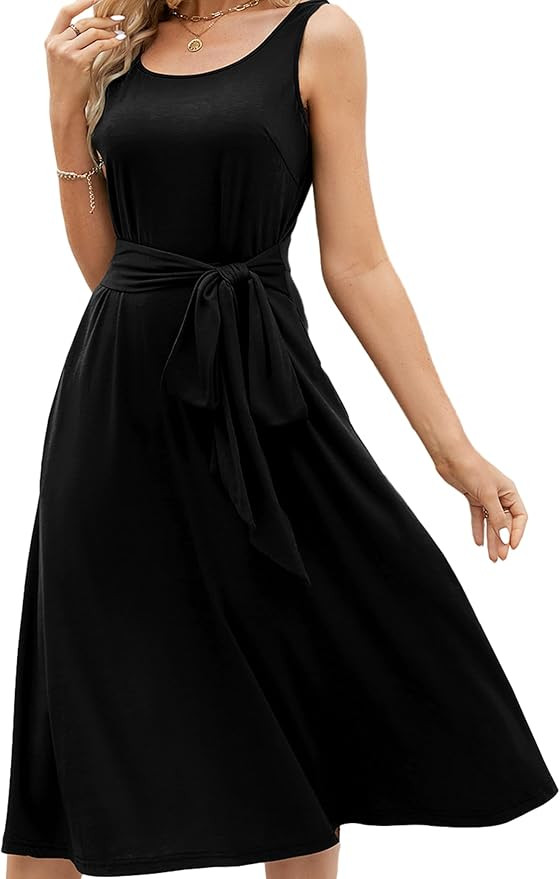 Women's Elegant Round Neck Sleeveless Casual Midi A-Line Swing Dress with Pockets | Amazon (US)