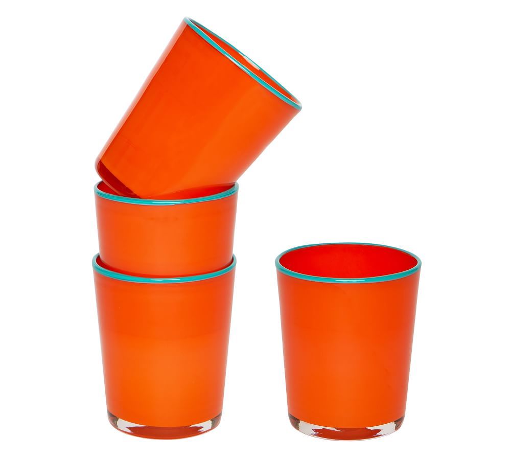Handcrafted Large Summer Rim Glasses, Set of 4 - Orange w/ Aqua Rim | Pottery Barn (US)