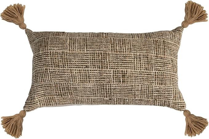 Creative Co-Op Woven Cotton Blend Lumbar Tassels and Chambray Back Pillow, 24" L x 14" W x 2" H, ... | Amazon (US)