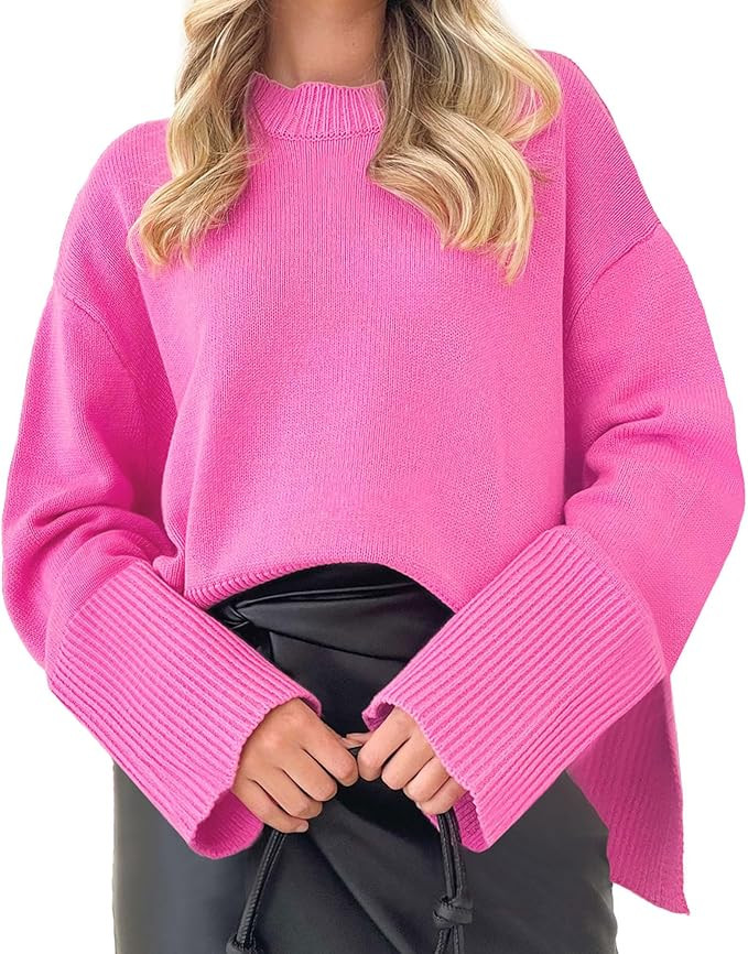 Womens 2023 Oversized Sweaters for Women Crewneck Long Sleeve Side Slit Warm Pullover Sweater Top... | Amazon (US)