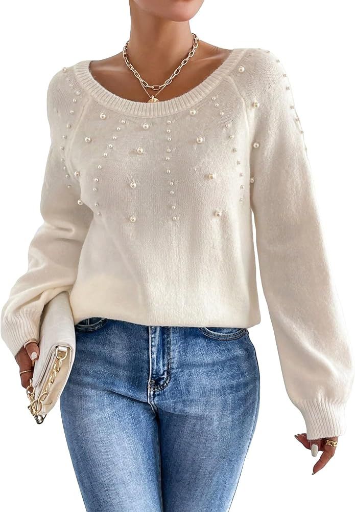 SweatyRocks Women's Pearls Beaded Raglan Long Sleeve Round Neck Sweater Casual Warm Pullover Tops | Amazon (US)