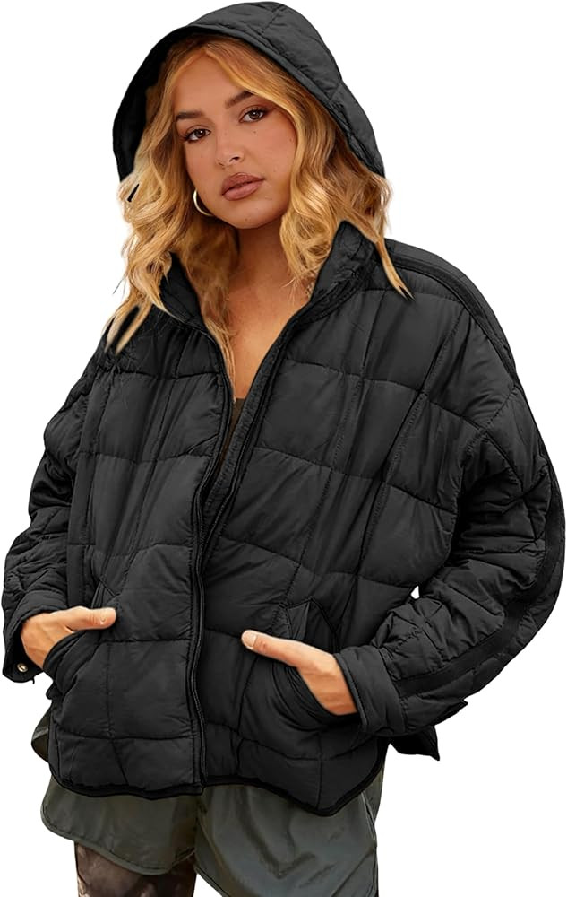 Bianstore Womens Oversized Splice Quilted Lightweight Hooded Puffer Jacket Casual Padded Coat | Amazon (US)