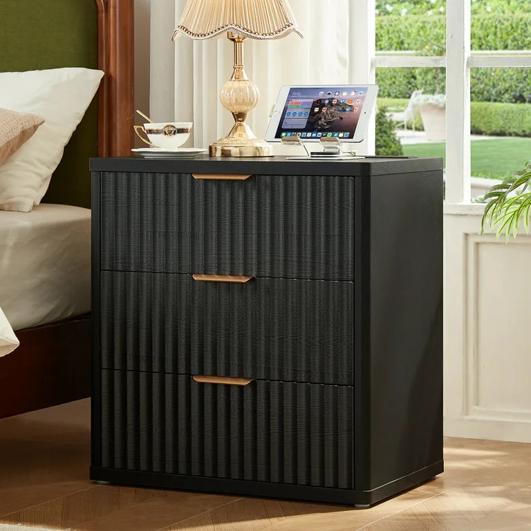 LELELINKY Fluted Nightstand with Charging Station, Mid Century Bedside Tables with 3 Drawers, Sma... | Walmart (US)