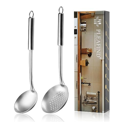 Pleafind 2-Pcs Ladle and Slotted Spoon, Soup Ladle and Strainer Spoons, Stainless Steel Cooking Spoon and Skimmer Spoons, Kitchen Utensils, Wok Utensils for Home and Restaurant, Dishwasher Safe | Amazon (US)