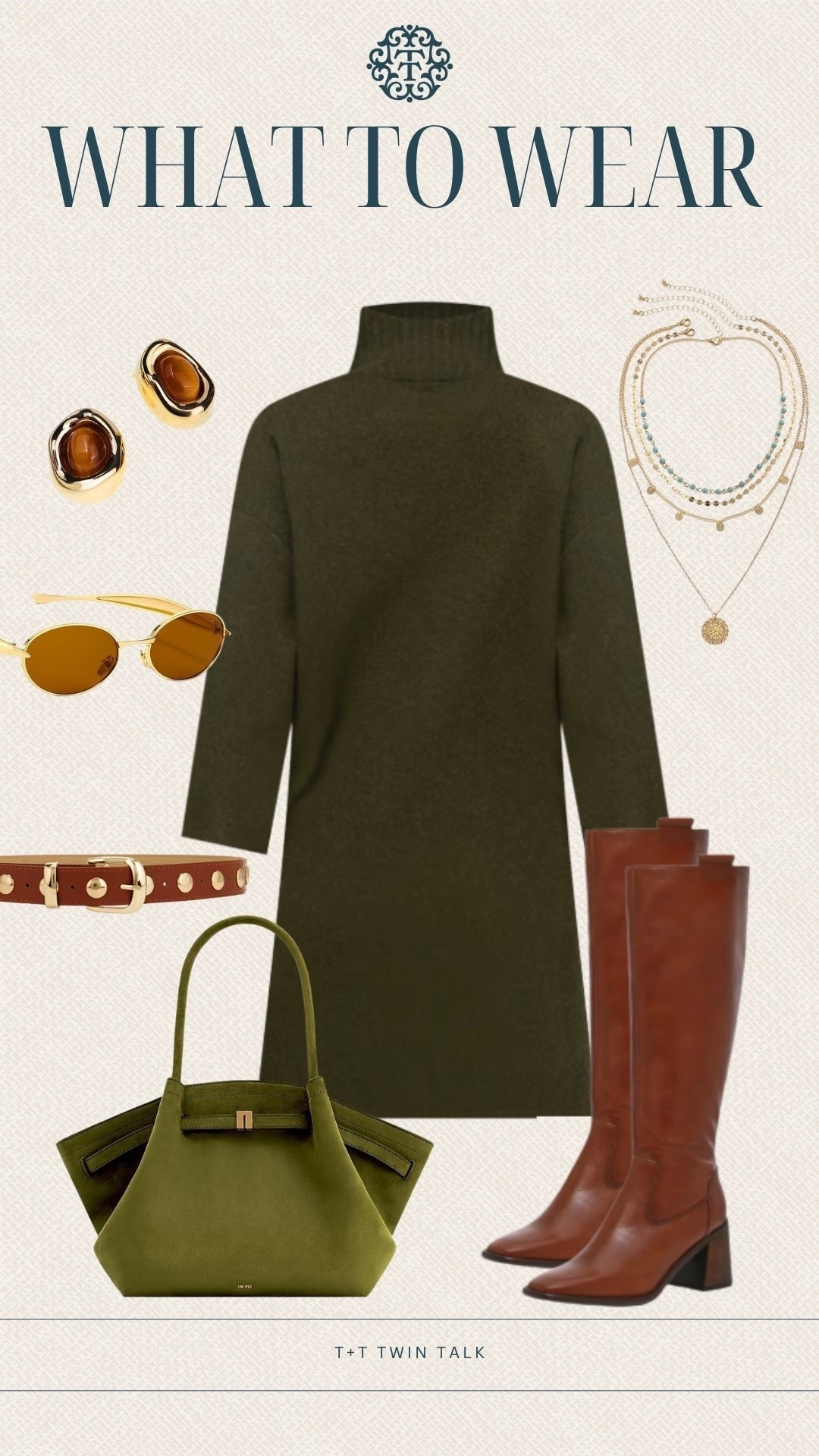 What to wear, preppy fall outfit ideas! We chose a green sweater dress and paired it with a studded belt from Social Threads! We opted for tall boots and an olive green bag to complete the look! 

#LTKStyleTip #LTKOver40 #LTKSeasonal