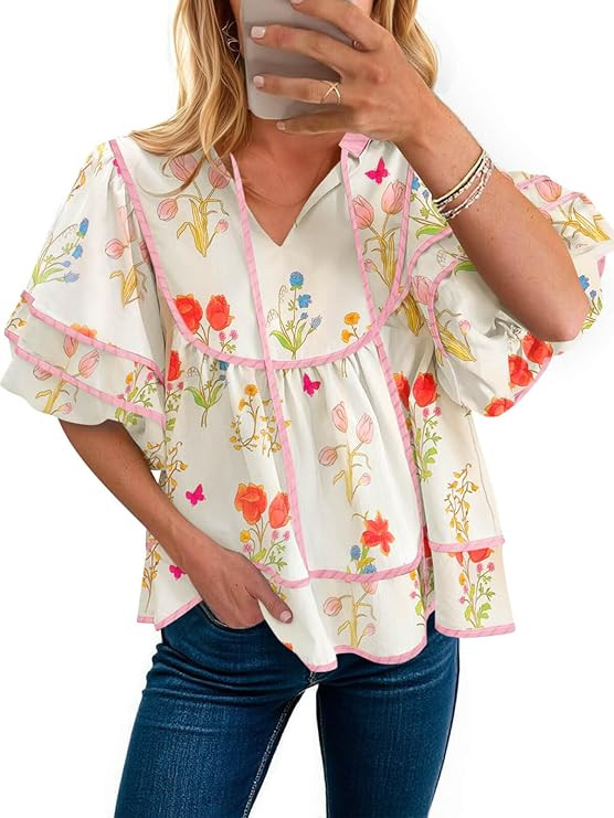 Cicy Bell Womens Summer Floral Babydoll Tops V Neck Short Lantern Sleeve Shirts Cute Loose Fit Fl... | Amazon (US)