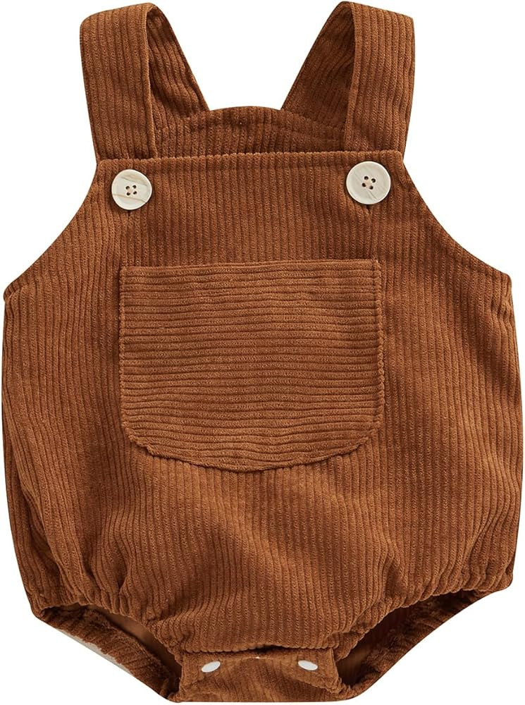 Newborn Baby Boy Girl Fall Clothes Sleeveless Corduroy Romper Overalls Jumpsuits with Pocket Infa... | Amazon (US)