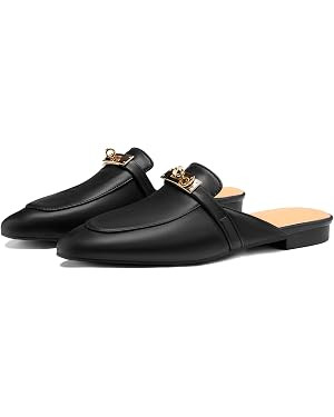 Design Mules for Women, Almond Toe Slip-On Flats, Backless Loafers with Matal Buckle, Comfort Cas... | Amazon (US)