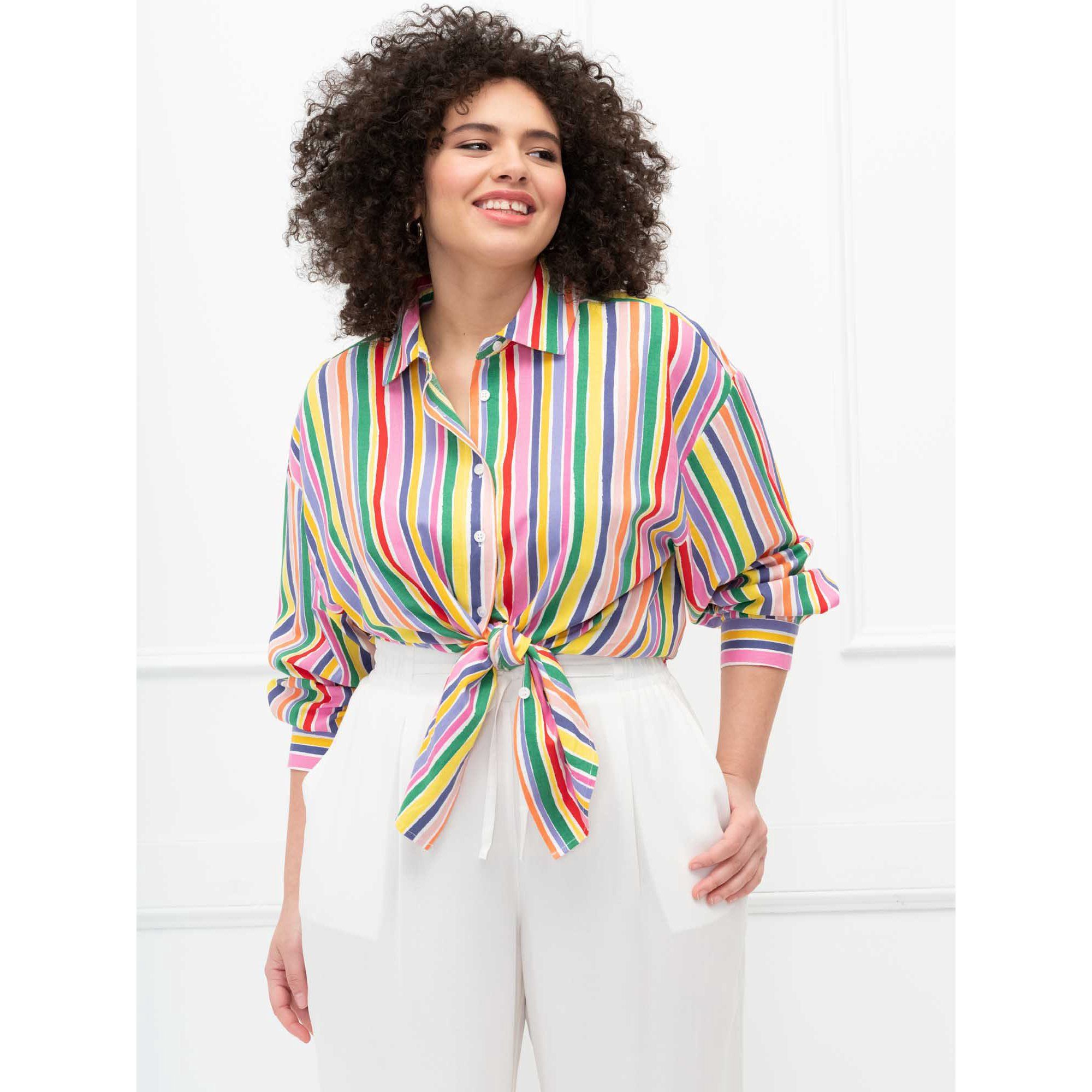 ELOQUII Elements Women's Plus Size Rainbow Stripe Tie-Front Button Down Blouse | Walmart (US)