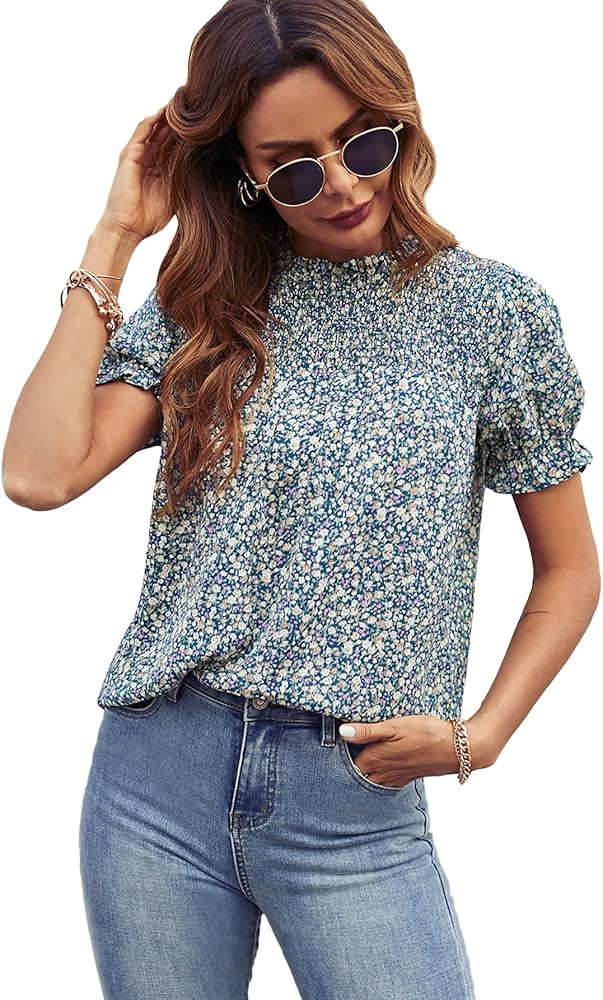 Milumia Women Mock Neck Puff Sleeve Ditsy Floral Print Blouse Shirred Front Work Top | Amazon (US)