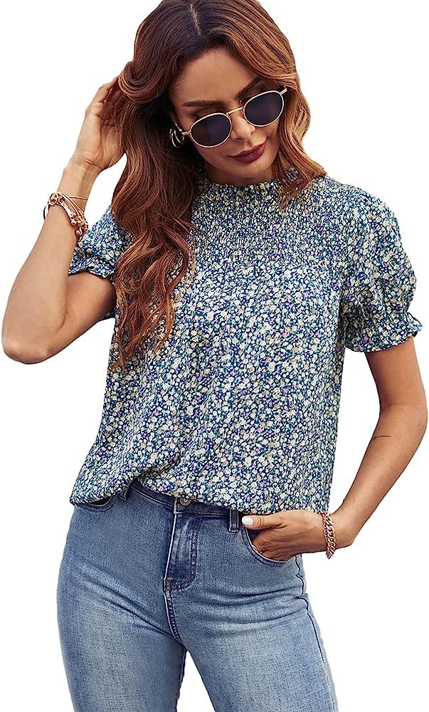 Milumia Women Mock Neck Puff Sleeve Ditsy Floral Print Blouse Shirred Front Work Top Blue Large a... | Amazon (US)