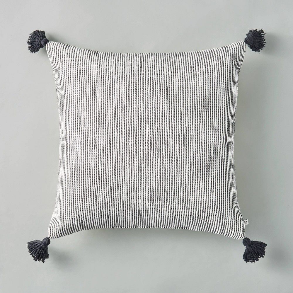 24"" x 24"" Woven Slub Stripe Throw Pillow with Tassels Gray/White - Hearth & Hand with Magnolia | Target