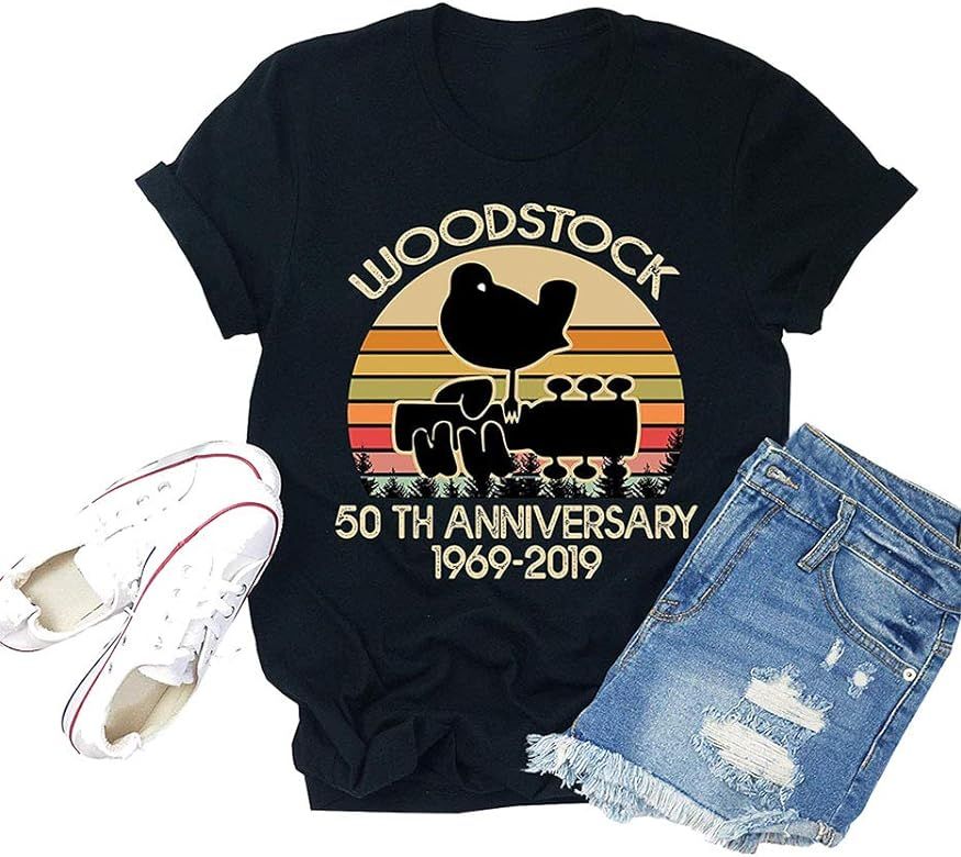 Woodstock On The Bus T-Shirt Vintage Tees Women Graphic Concert Music Summer Short Sleeves Tops | Amazon (US)