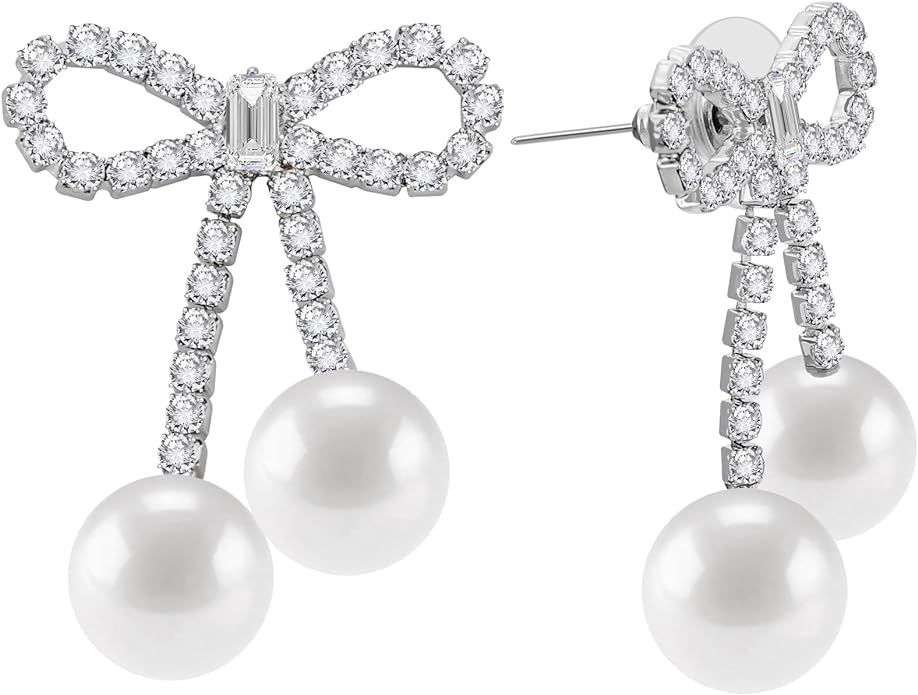Rhinestones Bow Drop Pearl Earrings for Women Girls Cute Pearl Dangle Sparkle Bow Silver Earrings... | Amazon (US)