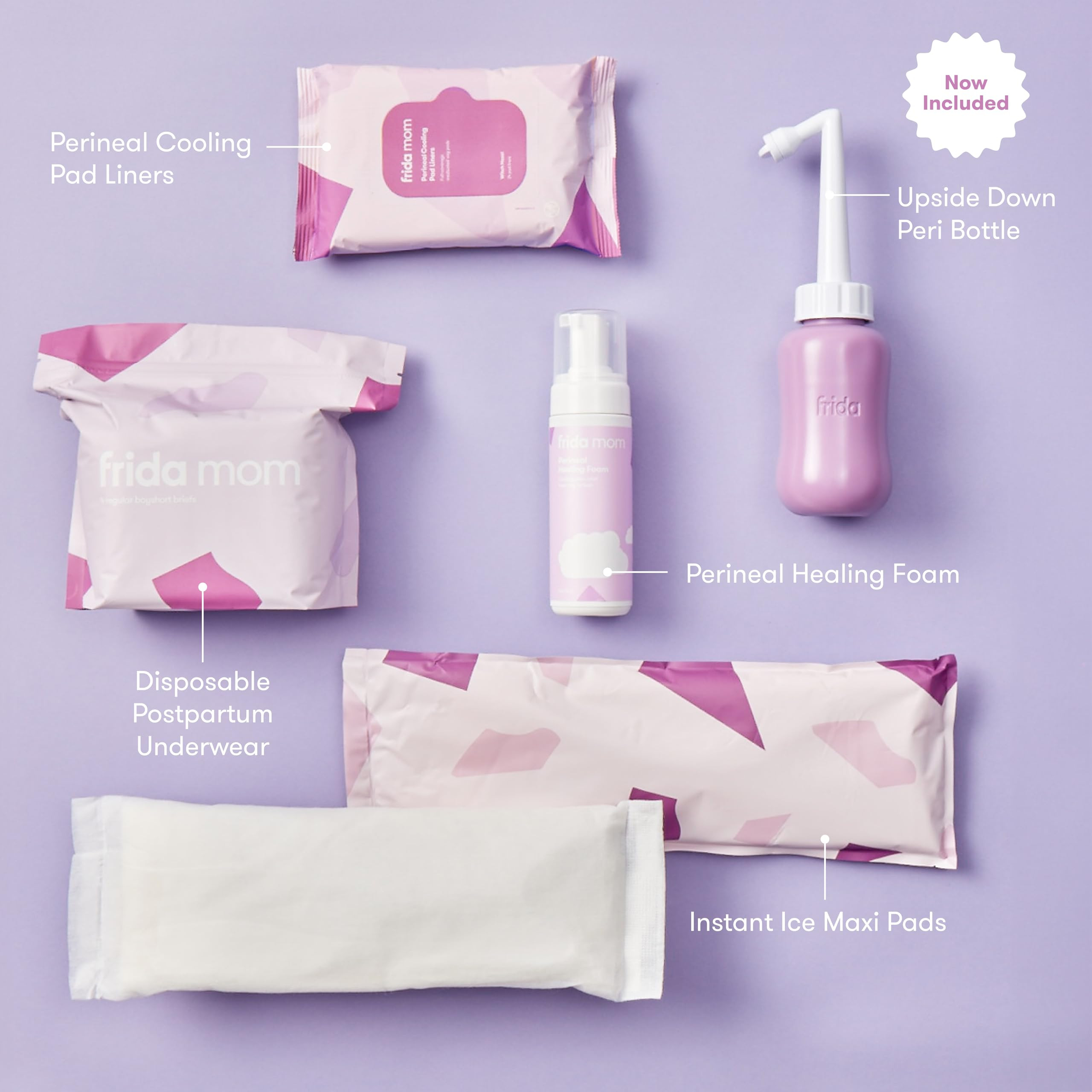 Frida Mom 11pc Postpartum Essentials Kit Gift Set, Hospital Bag Must Haves for New Mom, Includes 4 Disposable Postpartum Underwear, 4 Ice Maxi Pads, Perineal Healing Foam & 24 Pad Liners & Peri Bottle | Amazon (US)