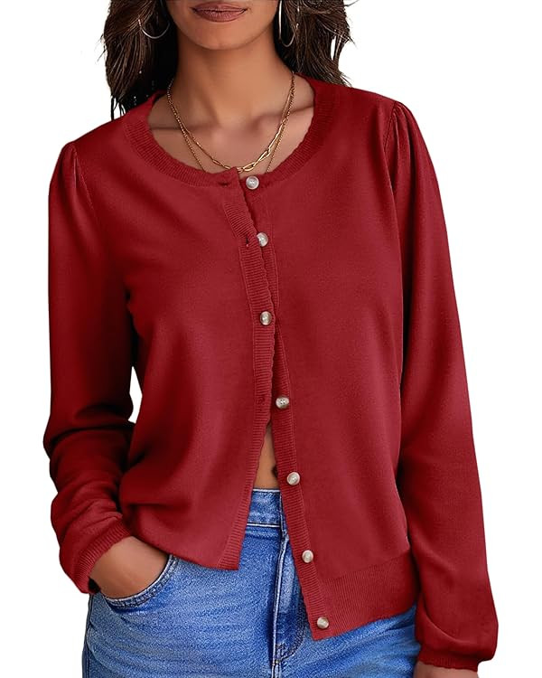 Saodimallsu Womens Puff Long Sleeve Cardigan Sweaters Fall Button Down Lightweight Knit Crew Neck... | Amazon (US)
