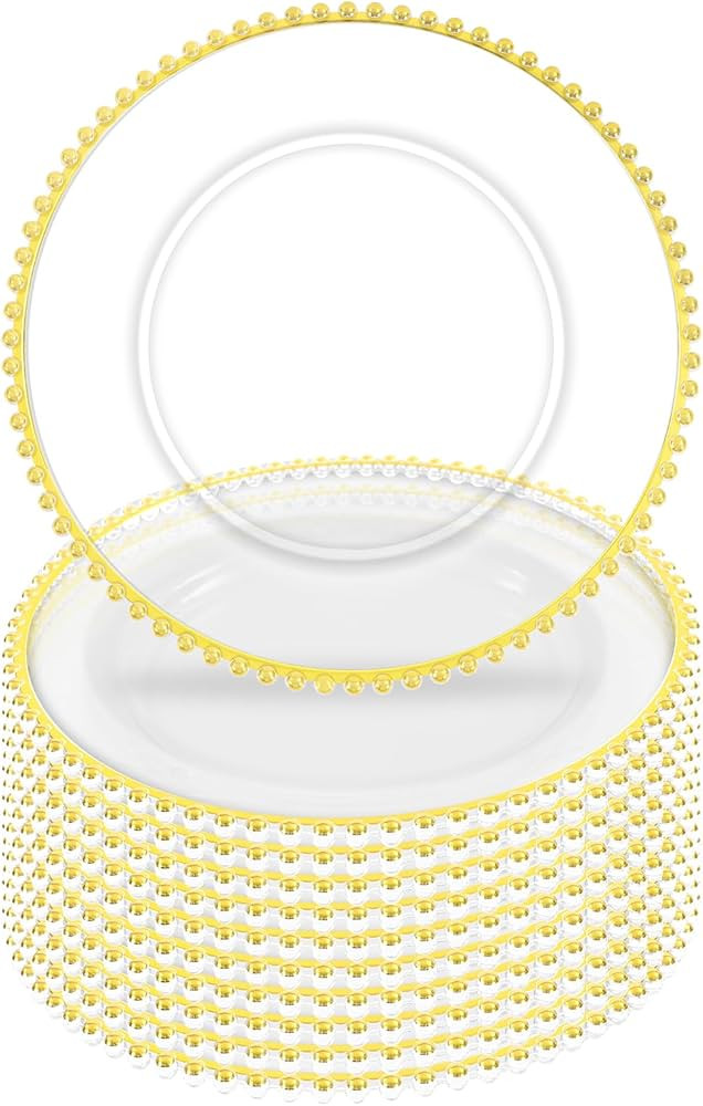 10Pcs Clear Charger Plates Bulk Wedding - 13" Premium Clear Plastic Chargers with Gold Beaded Rim... | Amazon (US)