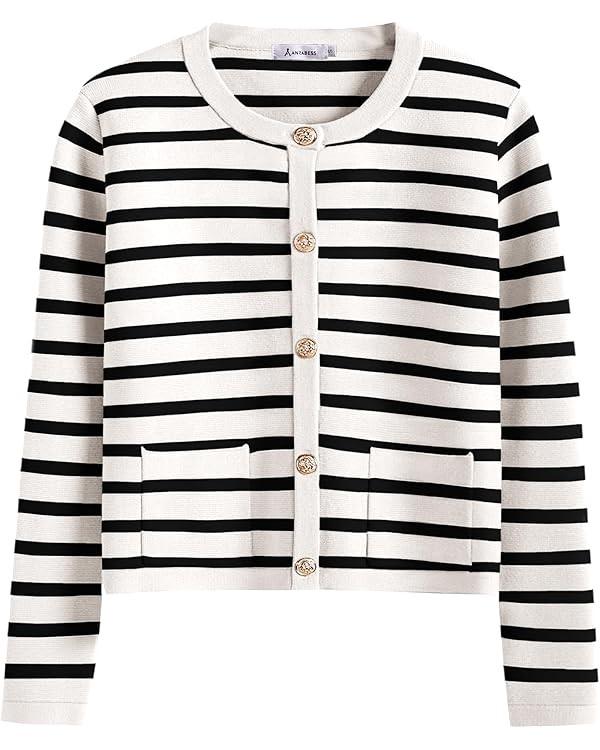 ANRABESS Women Striped Cardigan Sweaters Button Down Cropped Knit Lady Jackets Coat 2025 Fall Out... | Amazon (US)