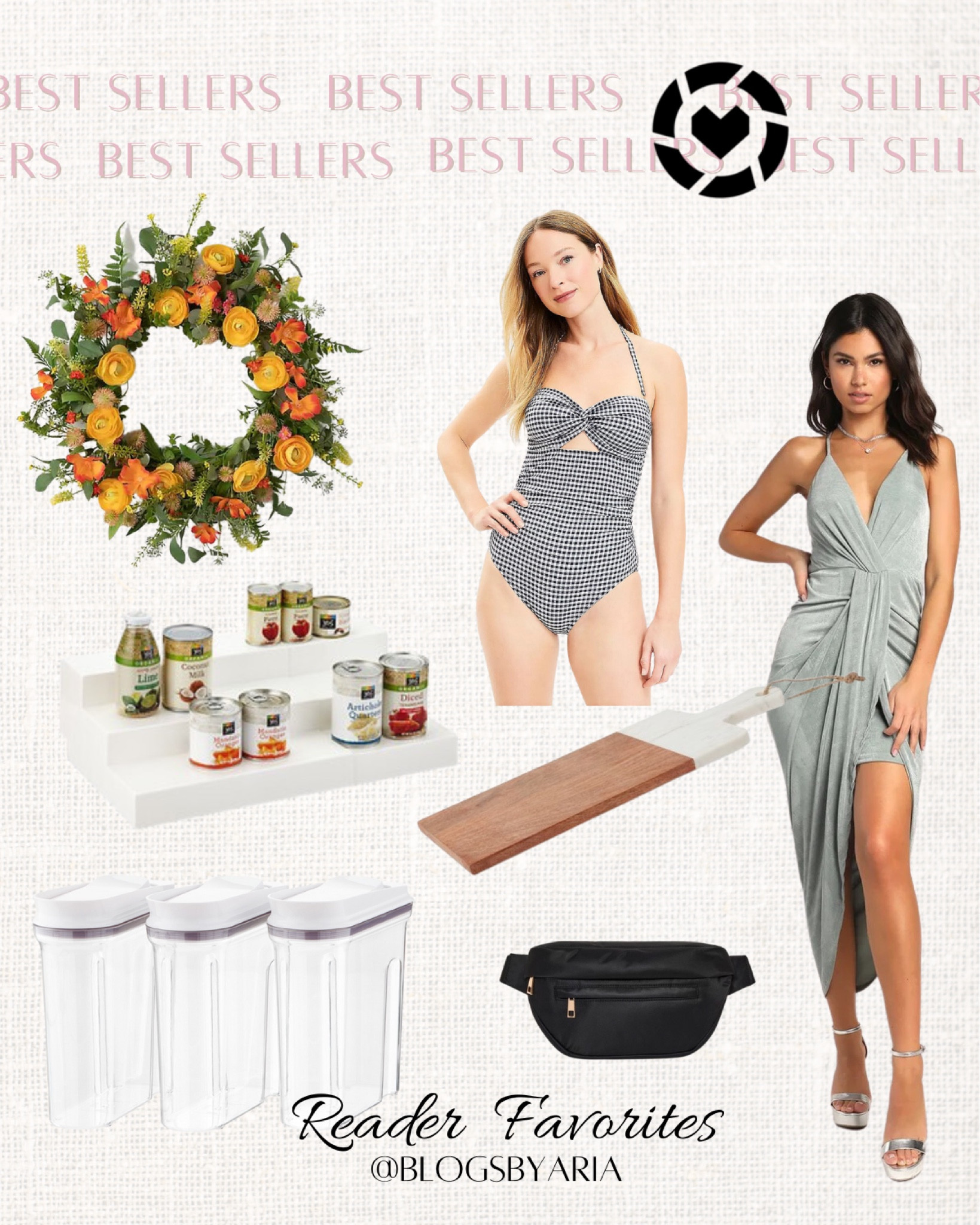 Last weeks bestsellers and reader favorites 🤍 
summer wreath • gingham one piece swimsuit • can organizer • wood and marble board • athletic belt bag • cereal containers • maxi dress • wedding guest dress 

#LTKstyletip #LTKhome #LTKSeasonal