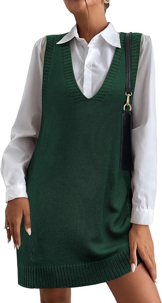 HOTOUCH Women Sweater Vest Oversized V Neck Sleeveless Knit Pullover Ribbed Vest Dress with Pocke... | Amazon (US)