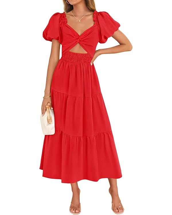 ZESICA Womens Summer 2025 Boho Vacation Dress Short Puff Sleeve Flowy Smocked Cutout A Line Beach... | Amazon (US)