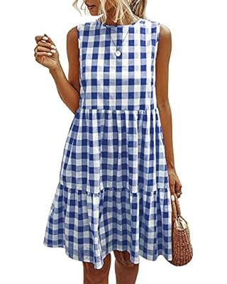 ECOWISH Women Dresses Plaid Sleeveless Summer Casual Sundress A Line Loose Swing T Shirt Mini Dre... | Amazon (US)