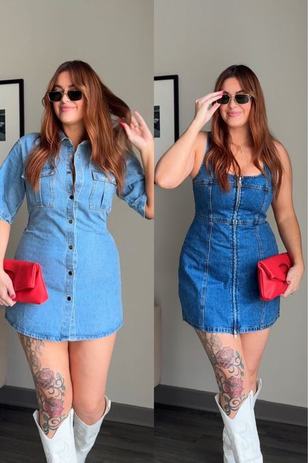 2 denim mini dresses for country concert season, Nashville trips and summer parties! 😚🤠
Wearing an 8 in the light denim (left) need a 10! 
Wearing a 10 in the dark denim (right) I’m 5’9” 180lbs 🤠🤎💫✨

#LTKmidsize #LTKfindsunder100