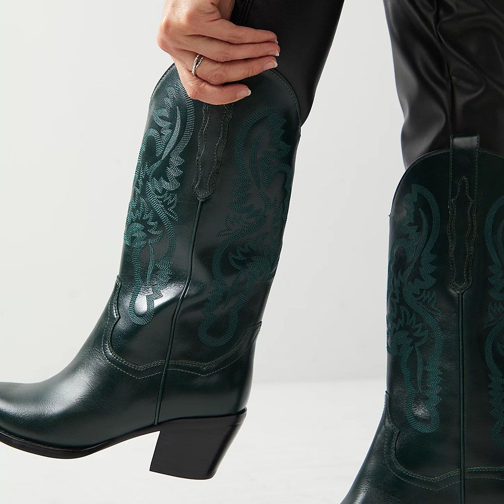 Dark Green Pointy Toe Embroidered Mid-Calf Cowgirl Boots | FSJshoes