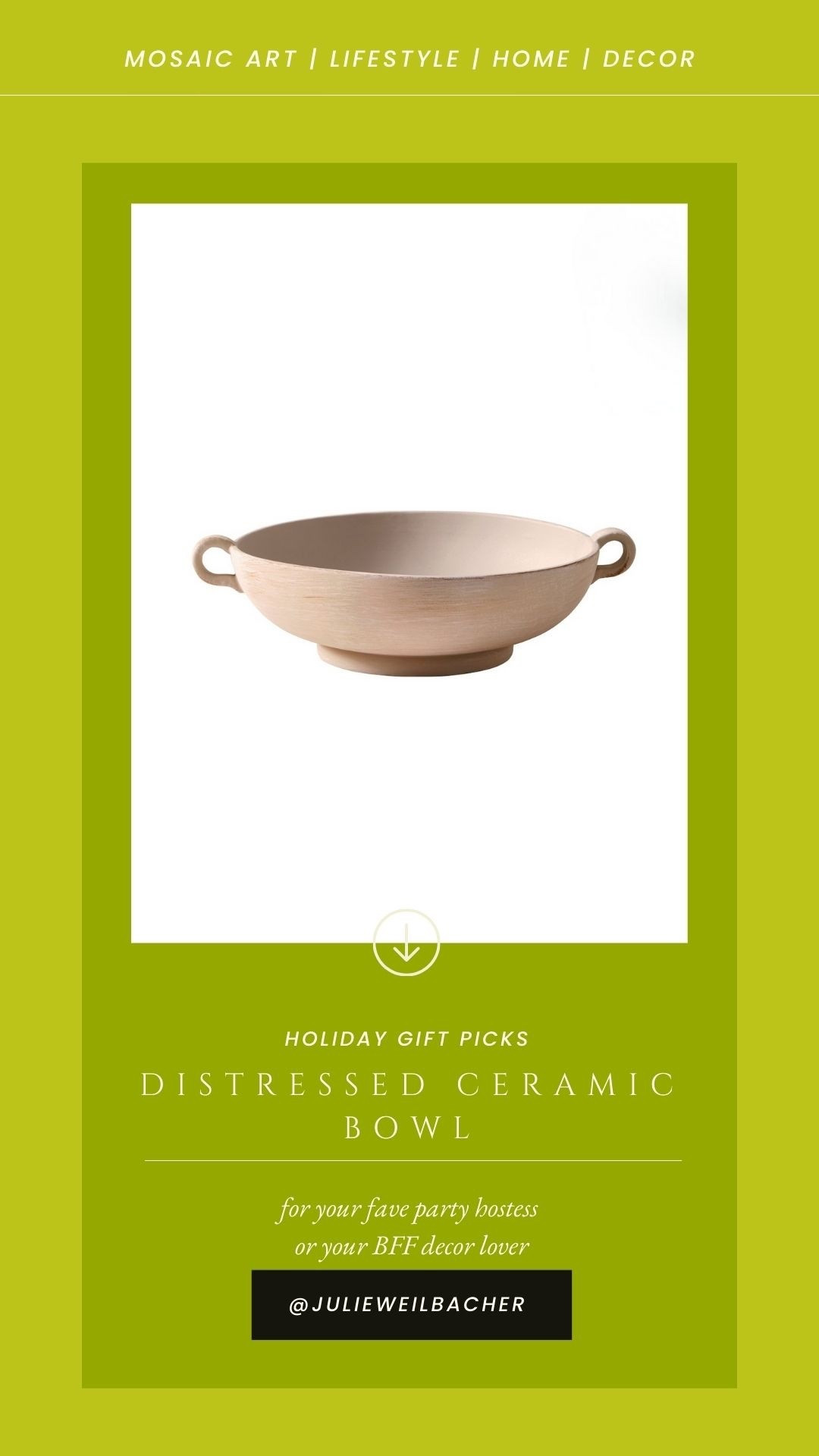 You can never have too many bowls, am I right? This one is ceramic and has a beautiful distressed finish in a natural color. With two adorable handles on opposite sides, this is a nice low but wide bowl. It’s perfect to use on your kitchen counter, sideboard, or entryway.

As a mosaic artist, this would be a fun substrate to use. It’s not too high but plenty wide. I think applying mosaic inside and out would be amazing! For mosaic tips, tutorials + inspiration please visit my YouTube channel: YouTube.com/julieweilbacher. Follow @julieweilbacher on Instagram for all things mosaic art.

#ceramicbowl #bowlwithhandles #bohemianbowl #naturaldecor #earthydecor #hostessgift #budgethomedecor #mosaic #coffeetabledecor #bohemiandecor

#LTKHome #LTKGiftGuide #LTKFindsUnder50