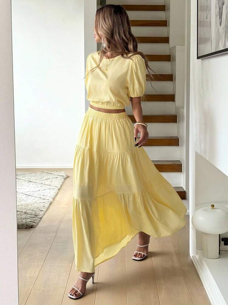 Easowa Plain Crew Neck Puff Sleeve Blouse + Cream Colored A-Line Midi Skirt, Butter Yellow Casual Resort Outfit Summer Outfits For Women Vacation Outfits | SHEIN