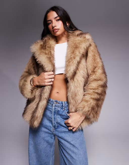 Threadbare faux fur jacket with oversized collar in light brown | ASOS (Global)
