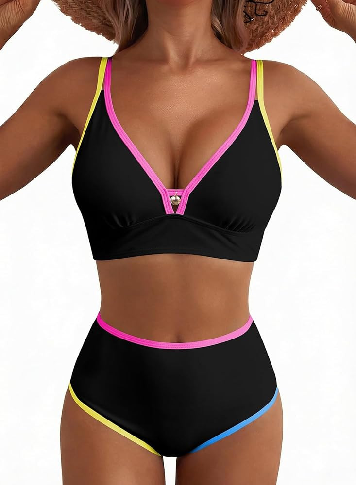 Herseas Women's 2 Piece Floral Print Bikini Sets V Neck Stitch Swimsuits High Waisted Bathing Sui... | Amazon (US)