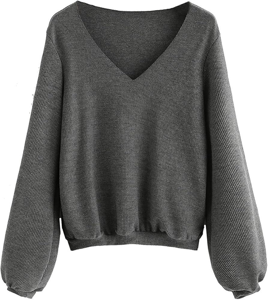 Women's V Neck Jumper Bishop Sleeve Ribbed Basic Pullovers Sweater | Amazon (US)