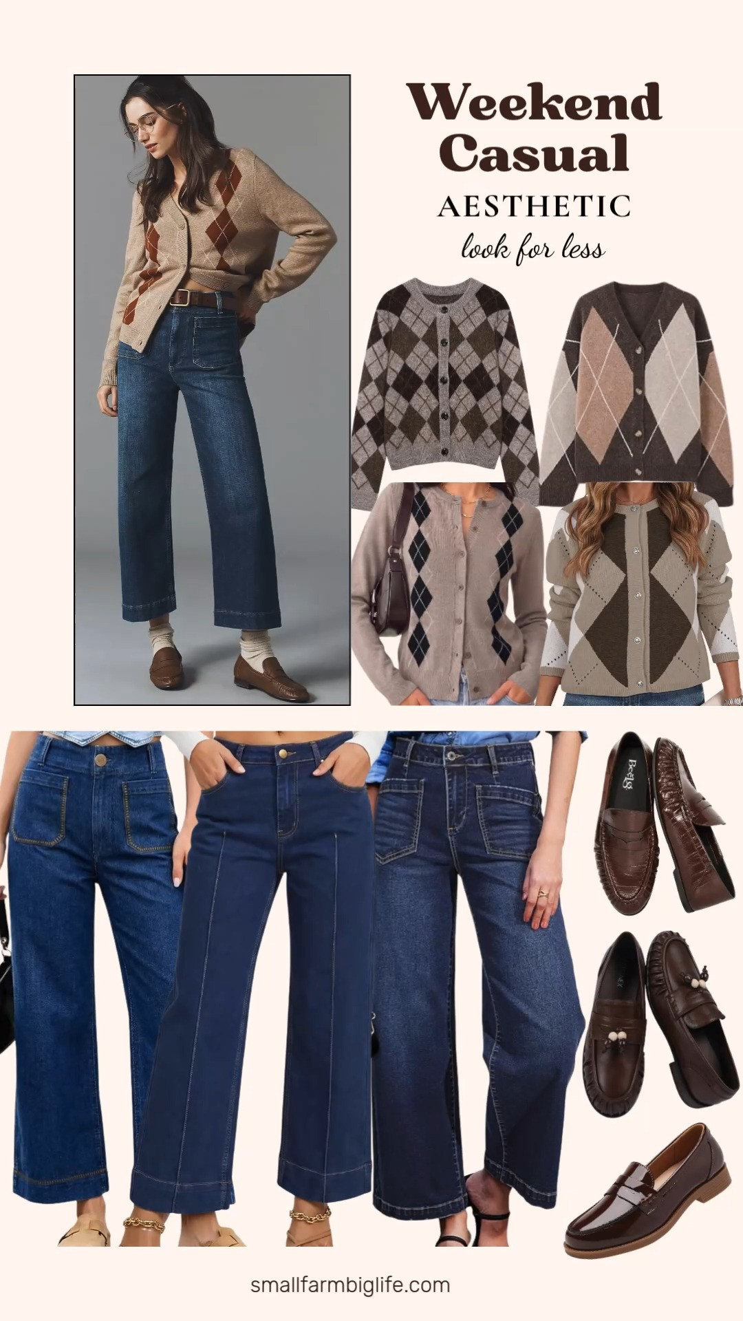 Preppy fall style is having a major moment right now, and this look proves you can get the Anthropologie argyle and loafer aesthetic for a lot less on Amazon. Wide leg cropped jeans, an argyle cardigan, and penny loafers are the perfect combination for a polished weekend outfit.

For the jeans, Anthropologie Maeve Colette wide leg cropped jeans run $138 in a vintage blue wash, but the VICHYIE retro wide leg ankle jeans, Dokotoo wide leg jeans in sail blue, and Sidefeel wide leg jeans in dark blue all give you that same high waisted, cropped ankle silhouette for $35 to $37.

For the argyle cardigan, Anthropologie's Maeve argyle sweater in tan, cream, and peach is $158. The brown argyle preppy cardigan, the Cicy Bell plaid color block cardigan, the GRACE KARIN khaki argyle cardigan, and the Saodimallsu color block argyle cardigan all bring that same cozy, preppy vibe for $26 to $43.

For the loafers, Anthropologie's Tony Bianco Gatsby loafers are $198 in brown. The brown ruched penny loafers, the brown comfort penny loafers with beaded detail, and the coffee brown patent penny loafers all give you a dressy, vintage loafer look for $38 to $49.

Shop this full preppy weekend look for less below and get the Anthropologie aesthetic without the Anthropologie price tag.

#LTKfindsunder50 #LTKstyletip #LTKSeasonal #LookForLess #ArgyleCardigan #WideLegJeans #PennyLoafers #FallFashion2026 #PreppyStyle #AmazonFashionFinds 

 #LTKootd #LTKOver40 #LTKSaleAlert