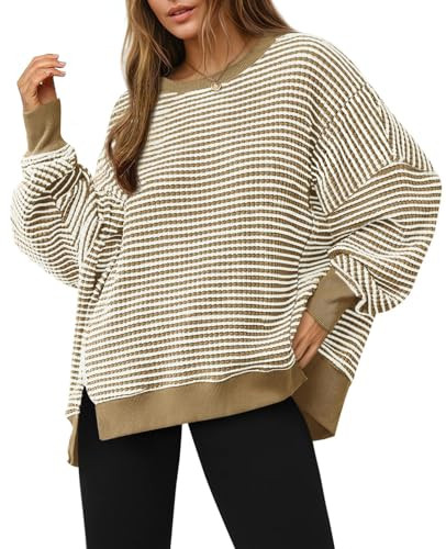 Fisoew Womens Oversized Sweatshirt Waffle Knit Striped Long Sleeve Crewneck Casual Loose Pullover Tunic Tops Khaki | Amazon (US)