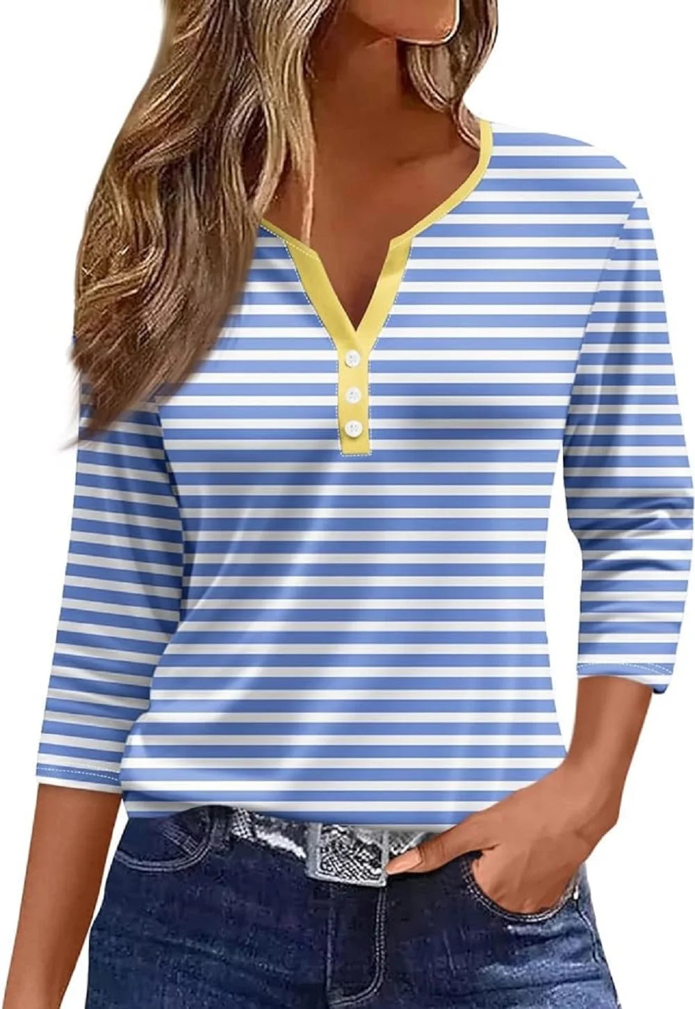 Xuboway 3/4 length sleeve womens tops 2025 Spring Henley Neck Casual Print Tunic T Shirts Three Q... | Walmart (US)