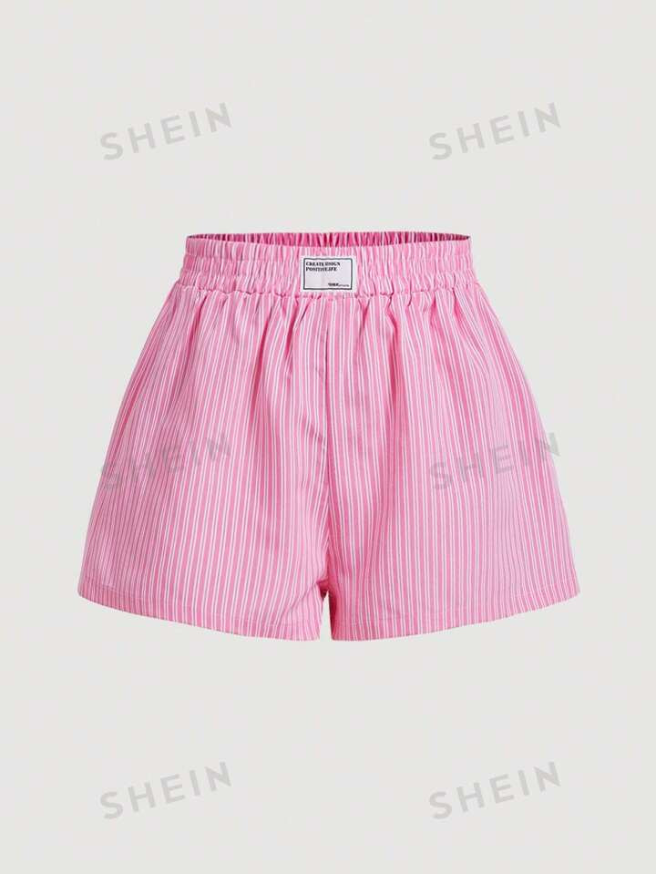 SHEIN MOD Women's Blue & White Striped Elastic Waistband Shorts With Letter Patch Decoration | SHEIN