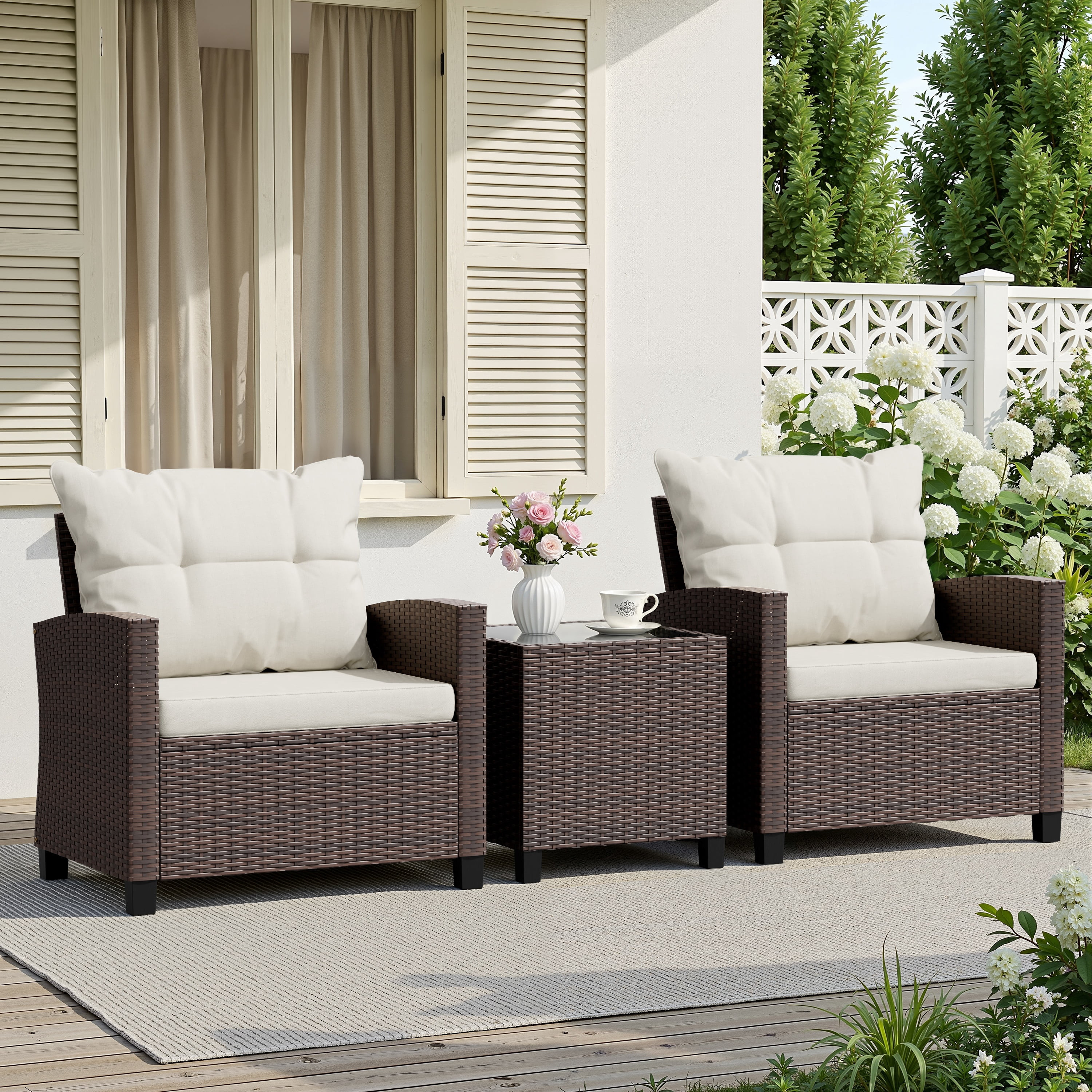 Walsunny 3 Pieces Outdoor Brown Rattan Wicker Patio Furniture Chair | Walmart (US)
