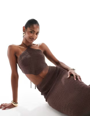 4th & Reckless knitted halterneck cropped beach scarf top co-ord in chocolate brown | ASOS (Global)