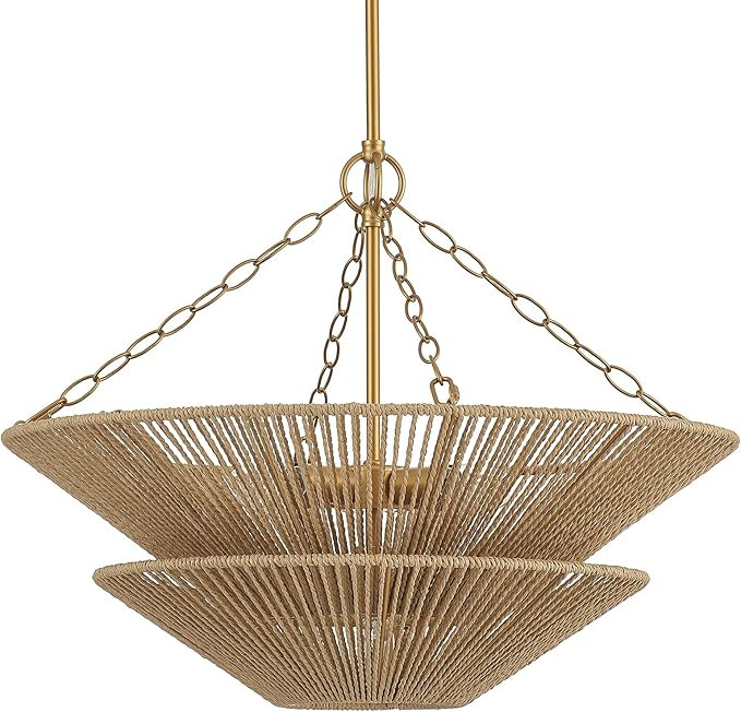 Modern Farmhouse Chandelier for Dining Room, 5-Lights Gold Chandelier for Entryway, Hand-Woven Ra... | Amazon (US)