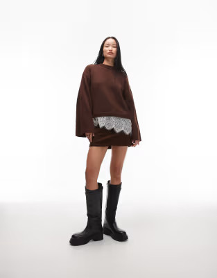 ASOS DESIGN knitted fluffy wide sleeve jumper with lace hem in brown | ASOS (Global)