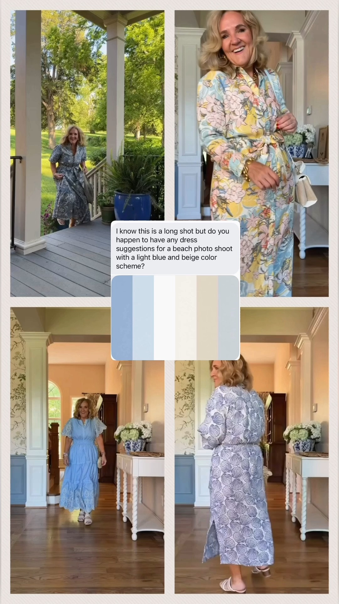 Dresses for the beach photos 
Wearing a medium except the Ralph Lauren wearing a 10 for a little extra room in shoulders. 
Avara 15% off code NANETTE15
Get the cute shell bag too! 

Family photos beach dress beach vacation modest dresses blue tan dress

#LTKSaleAlert #LTKOver40 #LTKTravel