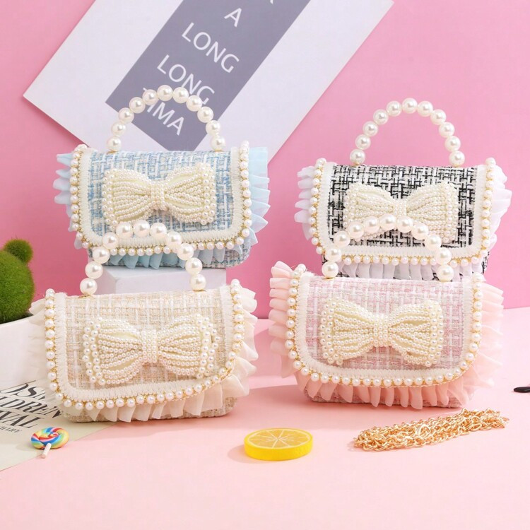 1pc Kids Plaid Solid Color Large Pearl Bow Ruffle Decor PU Chain Strap Closure Cute Fashion Handb... | SHEIN