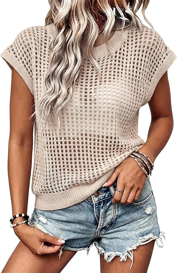 Lepunuo Women's Summer Crochet Top Cap Sleeve Hollow Out Cover Ups Casual Cruise Beach Vacation T... | Amazon (US)